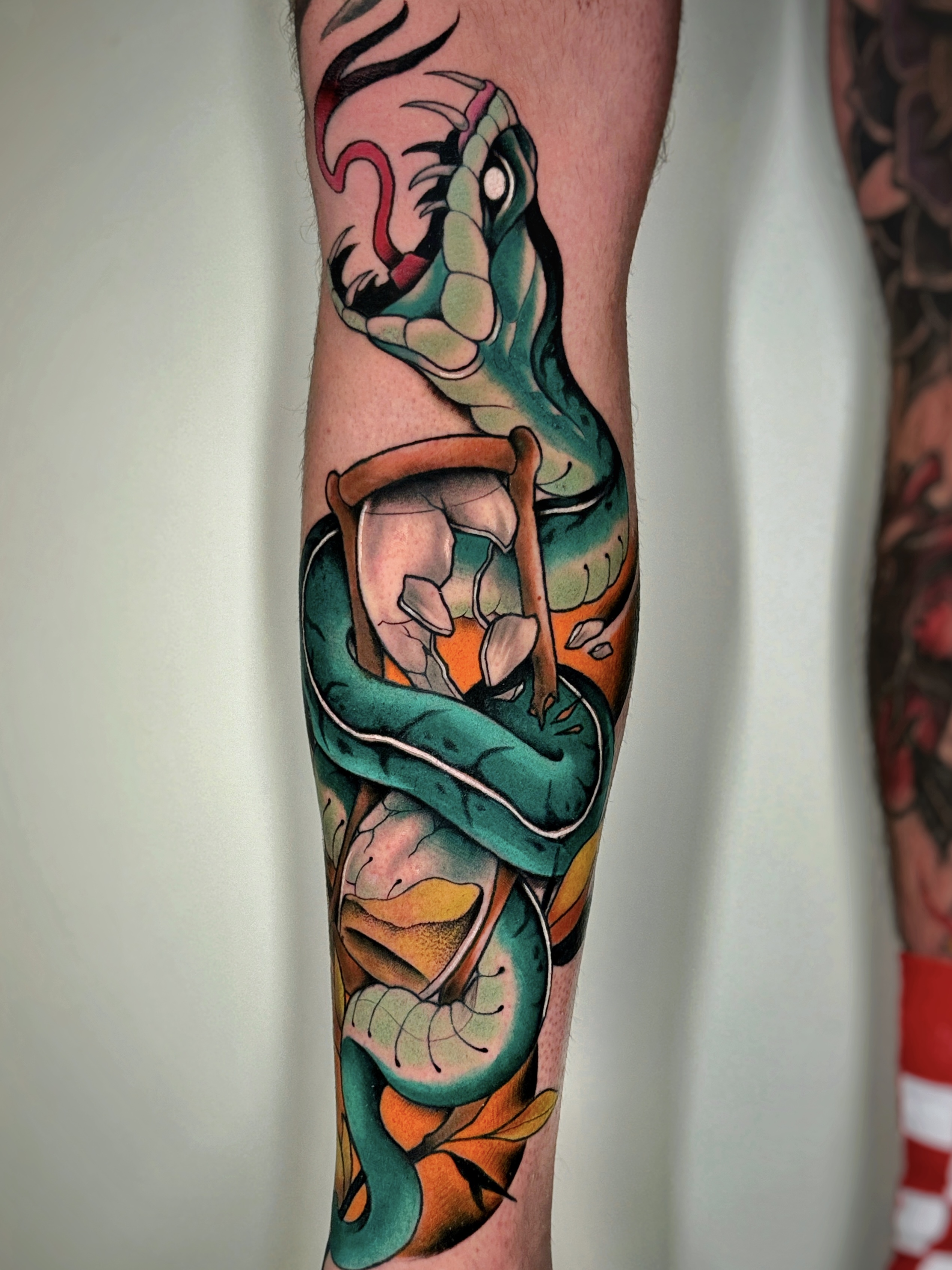 Tatuaggio serpente neo traditional a colori realizzato da Thomas Morello AKA SAZE